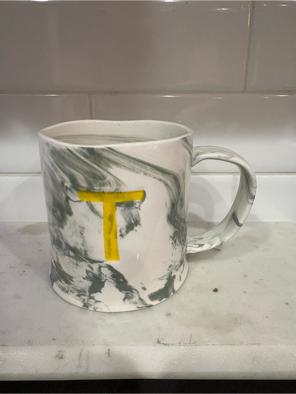 Anthropologie Marble Ceramic Mug with Yellow 'T' Initial